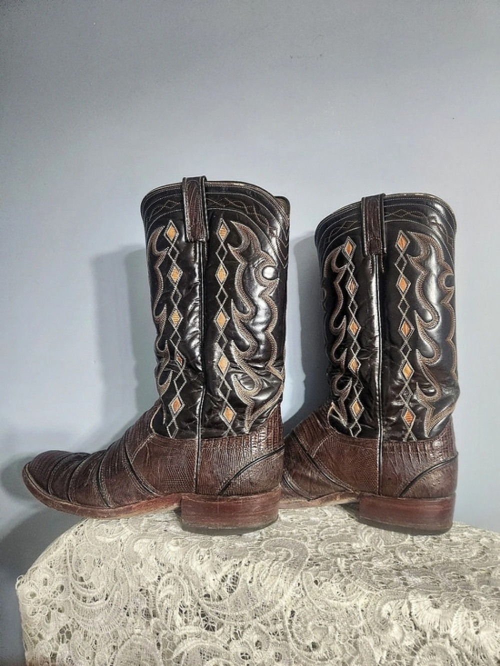 Dan Post Brown Exotic Leather Western Diamond Cowboy Boots Pull-On Size 10 D